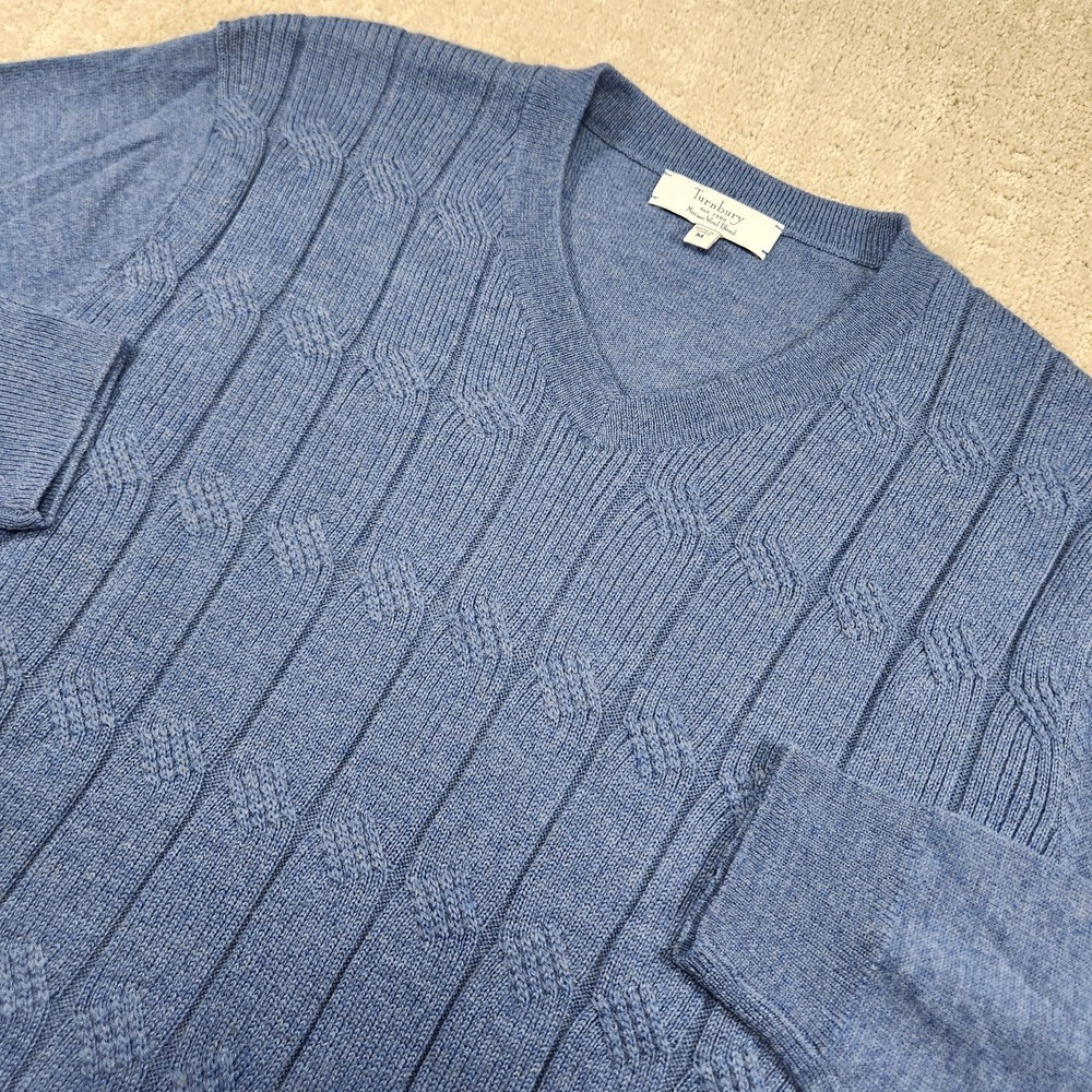 Turnbury Merino Wool Sweater Men Medium V‎ Neck Blue Cable Knit Luxury Wealth